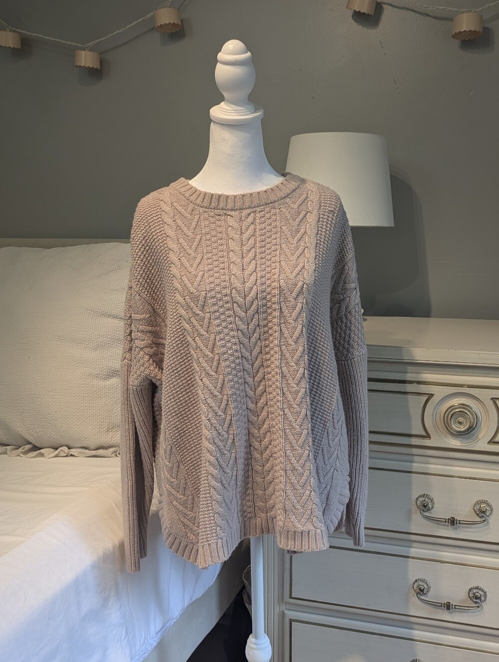 Cozy Cable Knit Women's Sweater M Taupe Keren Hart